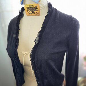 Short Black merino wool J Crew cardigan w ruffle edge, black buttons, sz M